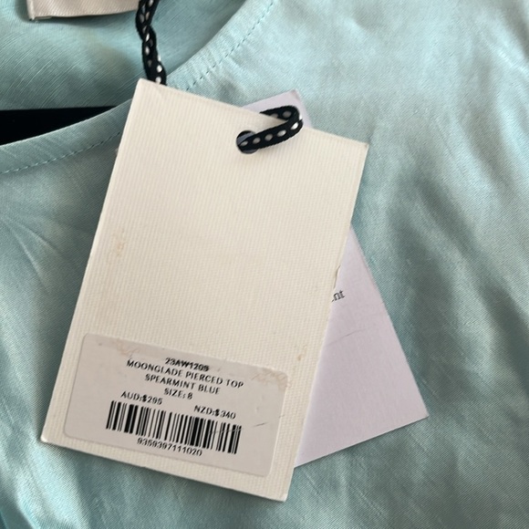 Aje Moonglade Pierced Fit and Flare Ruched Blouse in Spearmint Blue Size 8 - Picture 11 of 16